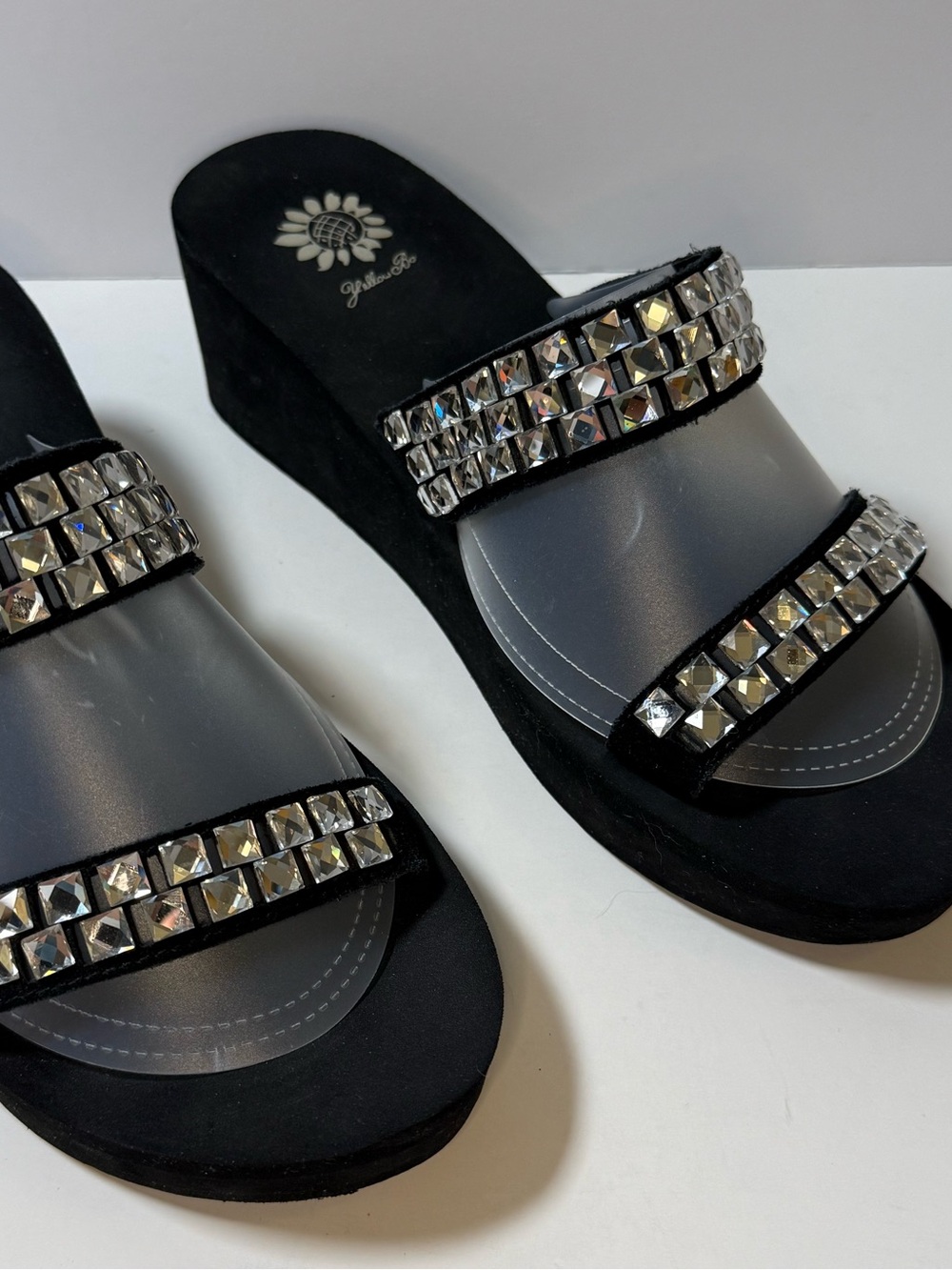 Embellished Black Wedge Slide Sandals - Size 11